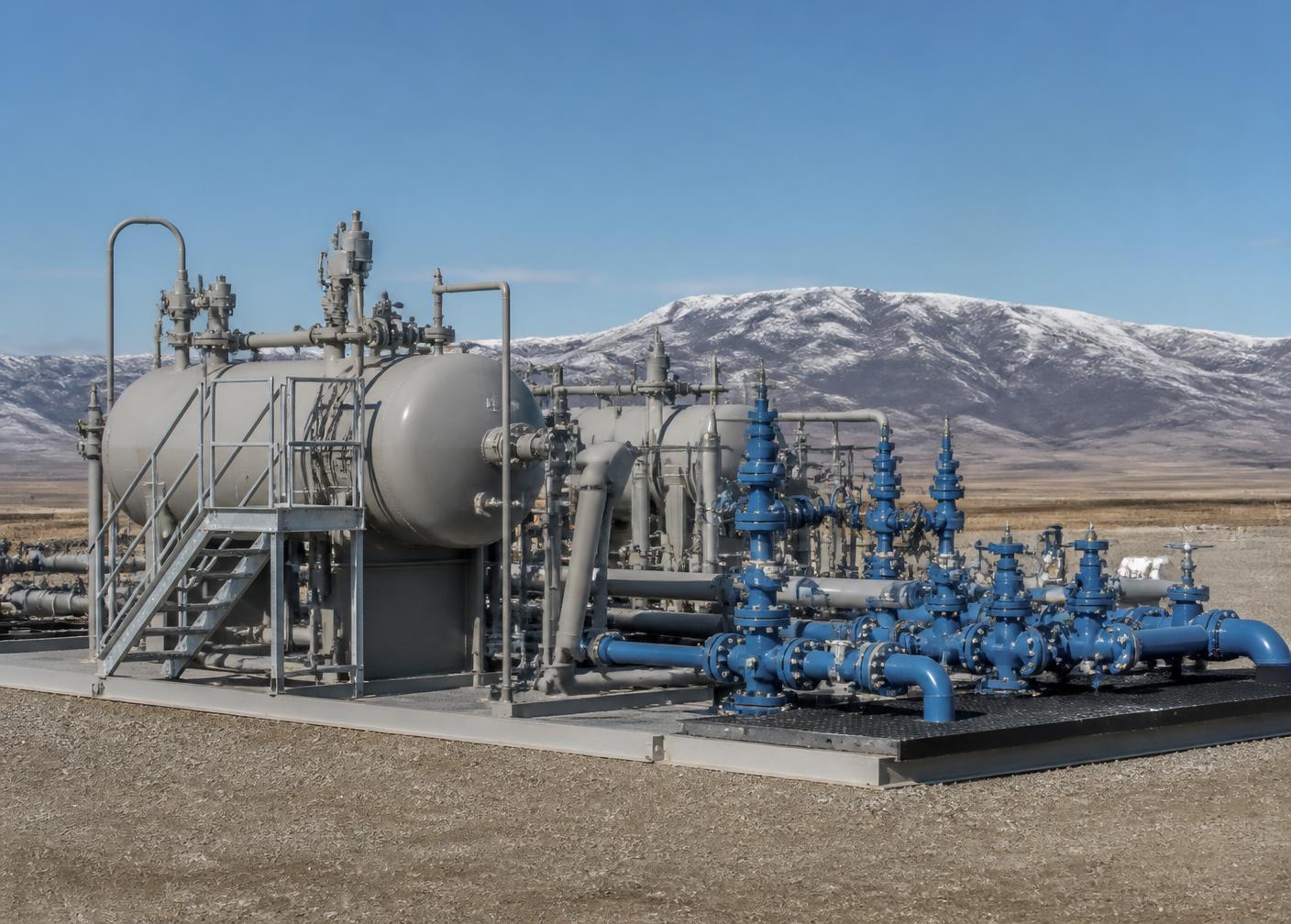 Oil and gas processing equipment in a western field setting